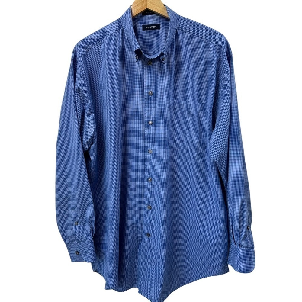 Nautica Blue Check Men's Dress Shirt Button Down, 17, 34/35
